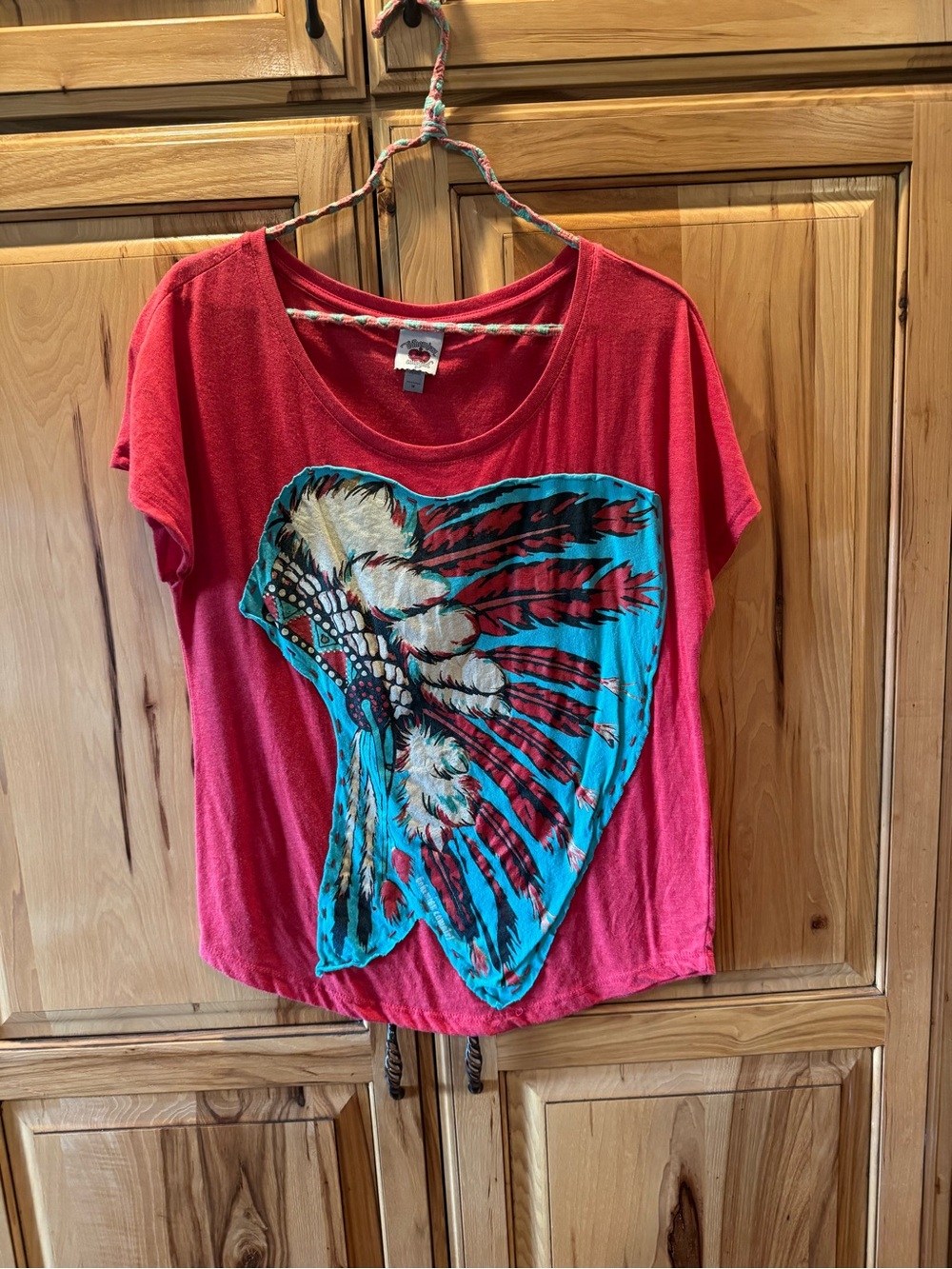Women’s Red Short-Sleeve Graphic Tee with Turquoise Feather Headdress Print